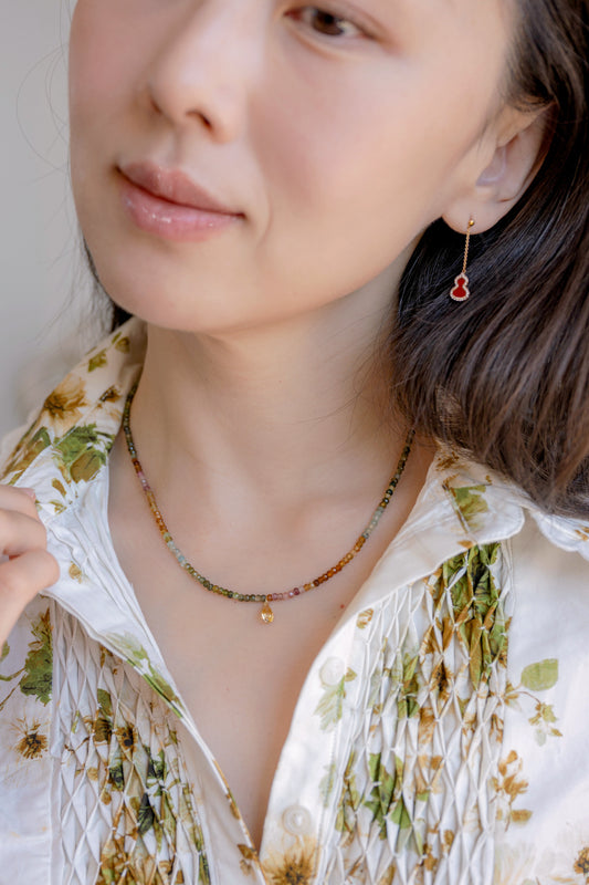 Solar Flare Bloom2.0 Necklace with 14k Gold Citrine Charm | Tourmaline (AA)