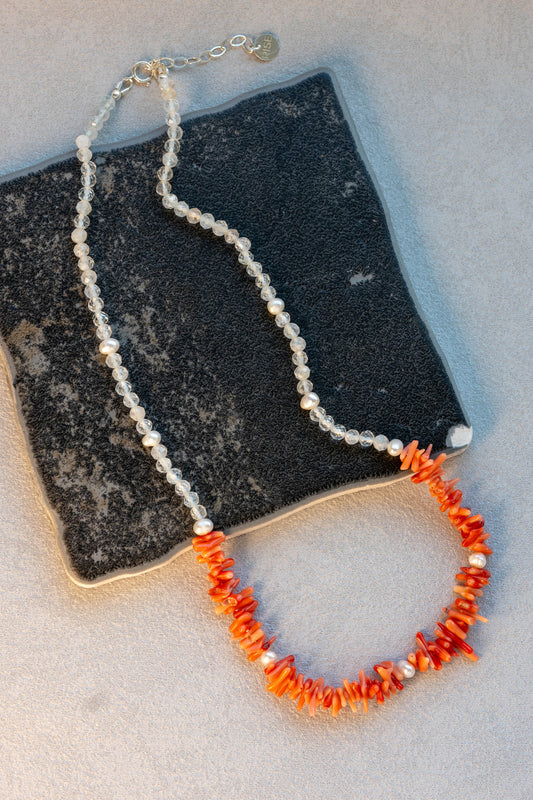 Tuscan Sunrise Necklace | Italian Red Coral (AA) Topaz Freshwater Pearl