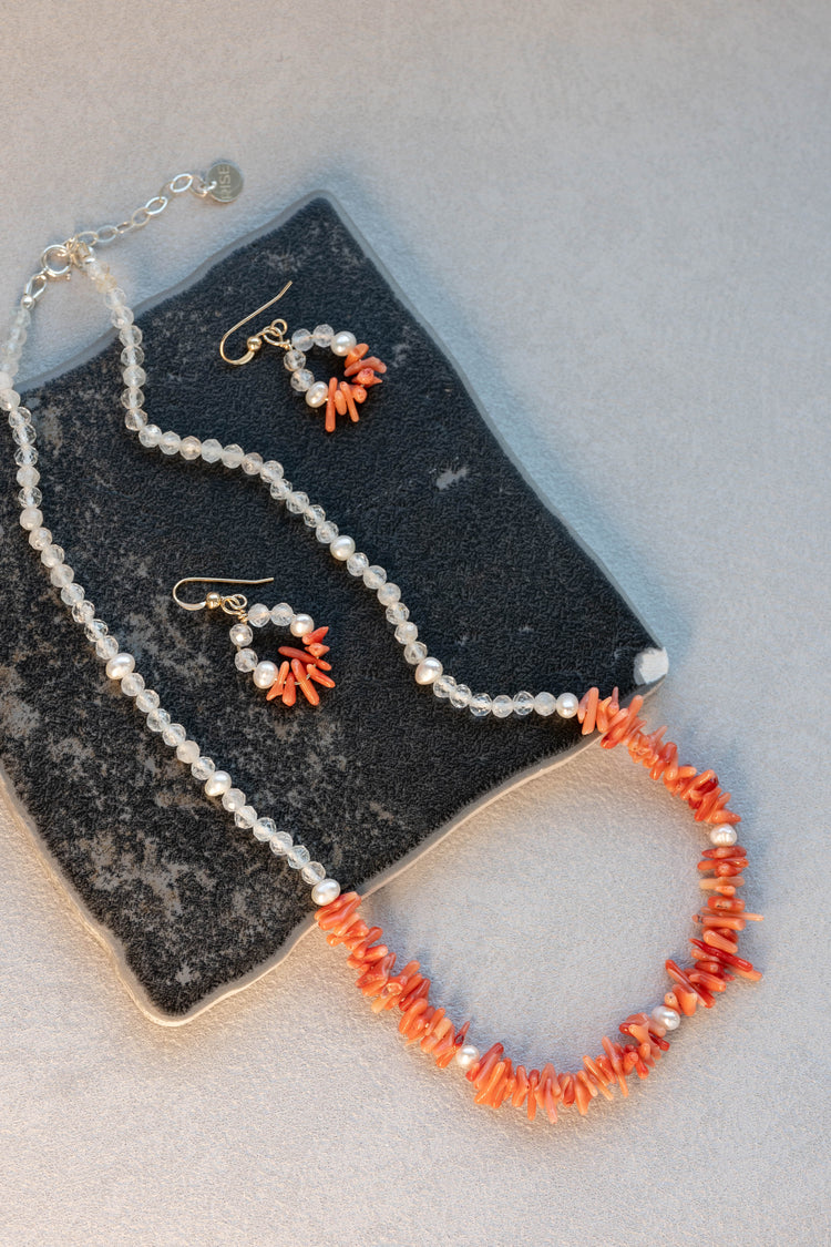 Tuscan Sunrise Necklace | Italian Red Coral (AA) Topaz Freshwater Pearl