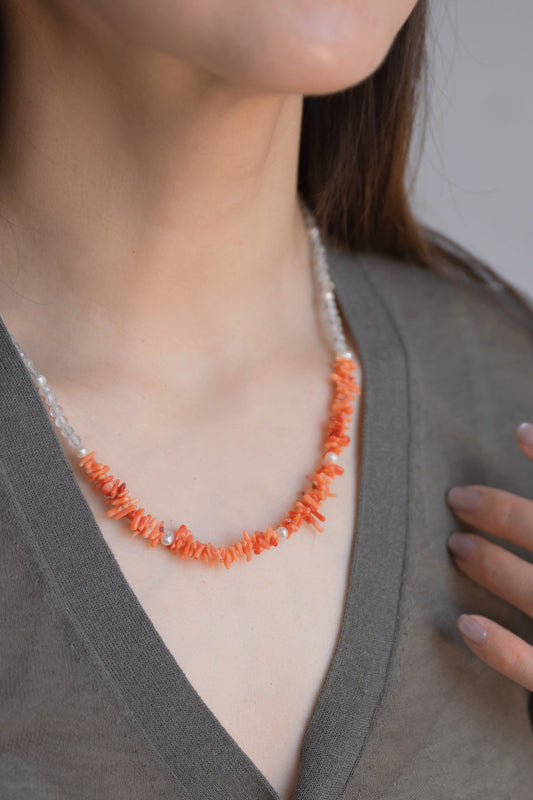 Tuscan Sunrise Necklace | Italian Red Coral (AA) Topaz Freshwater Pearl