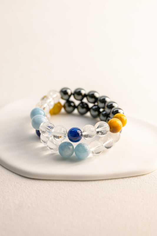 Wave of Light Bracelet | Aquamarine(A) Kyanite(AAA) Hematite Blonde Tiger’s Eye Rock Crystal