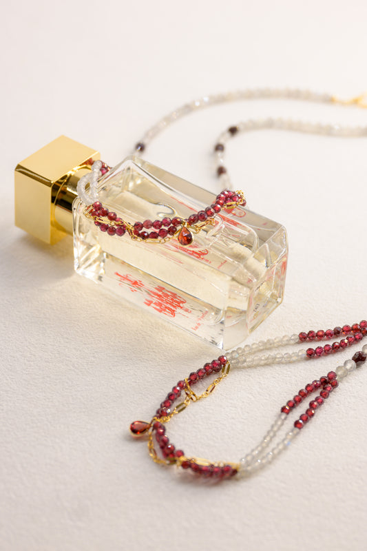 Blushing Heartbeat Necklace with 14k Gold Garnet Charm | Garnet(AA) Labradorite (AA)