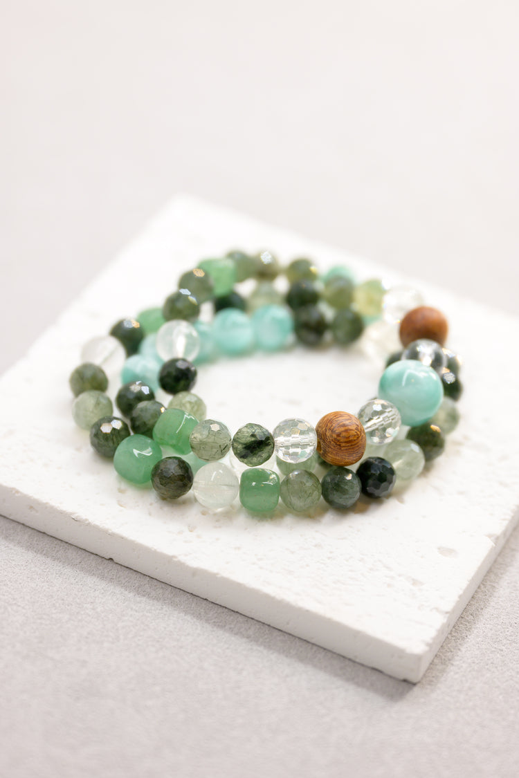 Green Soul Necklace//Three Wrapped Bracelet | Russian Angelite Green Rutilated Quartz Green Aventurine Kakawate Wood