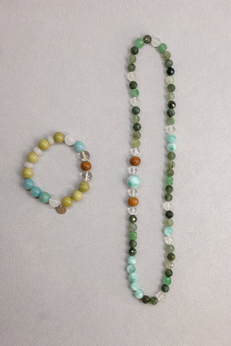 Green Soul Necklace//Three Wrapped Bracelet | Russian Angelite Green Rutilated Quartz Green Aventurine Kakawate Wood