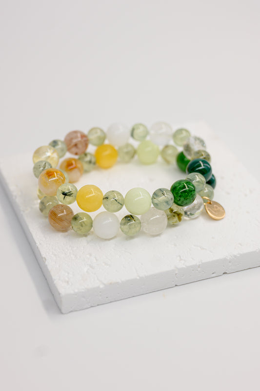 Golden Ambition Bracelet | Prehnite (w/ Rutile) Malachite Glow-in-dark Mexican Olive Green Aragonite