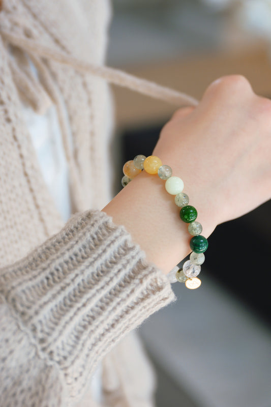 Golden Ambition Bracelet | Prehnite (w/ Rutile) Malachite Glow-in-dark Mexican Olive Green Aragonite