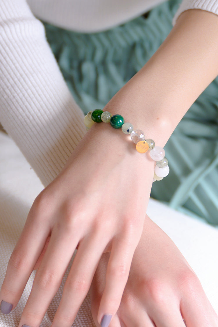 Golden Ambition Bracelet | Prehnite (w/ Rutile) Malachite Glow-in-dark Mexican Olive Green Aragonite