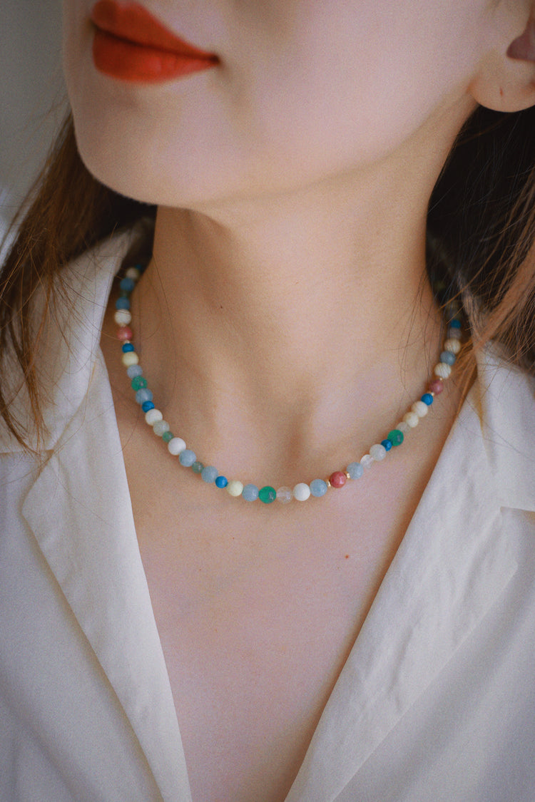 Lemon Glow Necklace| Lemon Chrysoprase Pink Tourmaline Green Aventurine (A) Blue Howlite