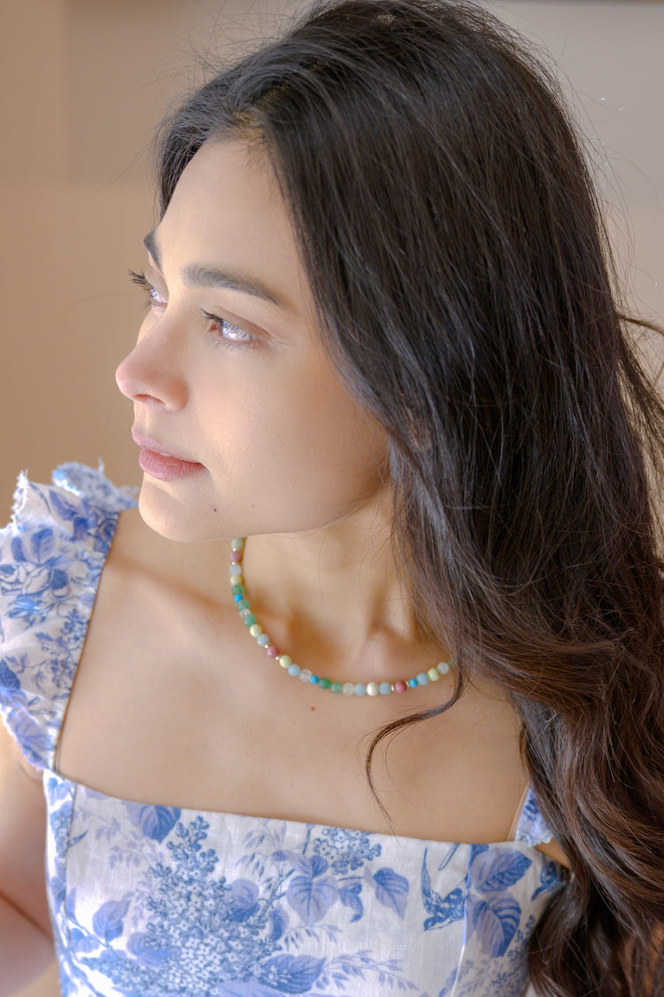 Lemon Glow Necklace| Lemon Chrysoprase Pink Tourmaline Green Aventurine (A) Blue Howlite