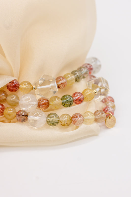 Golden Ambition Bracelet | Golden/Strawberry/Green Rutilated Quartz (A) Rock Crystal Quartz