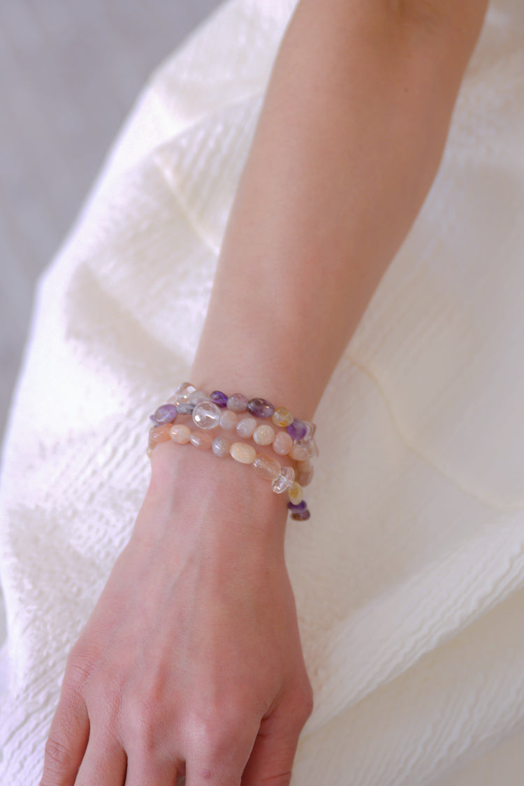 Peachy Pop 2in1 Bracelet/Necklace | Peach Moonstone Purple Phantom Quartz (Auralite-23) Rock Crystal