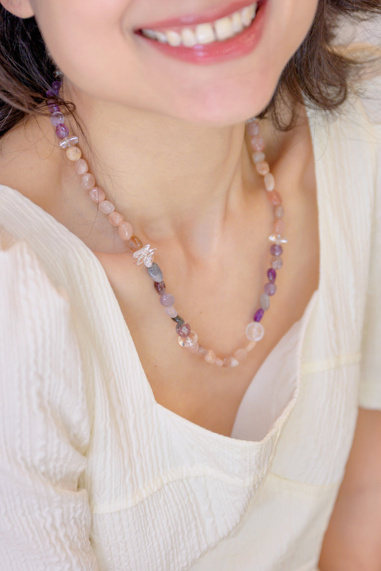 Peachy Pop 2in1 Bracelet/Necklace | Peach Moonstone Purple Phantom Quartz (Auralite-23) Rock Crystal