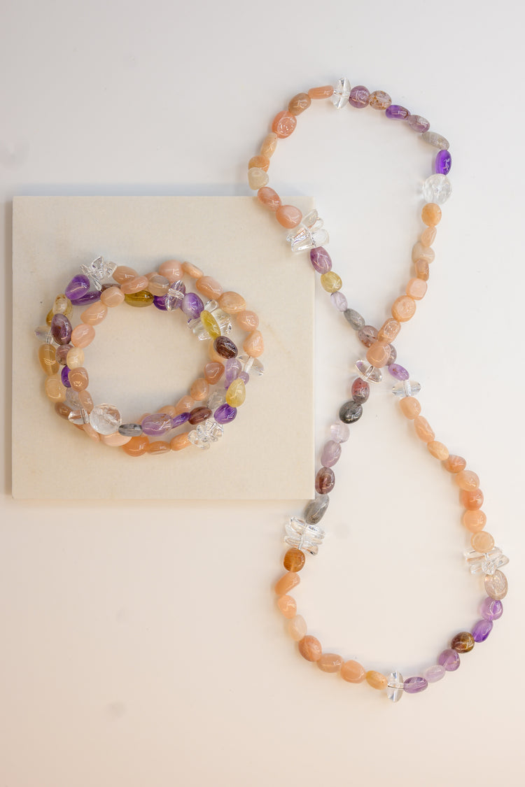 Peachy Pop 2in1 Bracelet/Necklace | Peach Moonstone Purple Phantom Quartz (Auralite-23) Rock Crystal