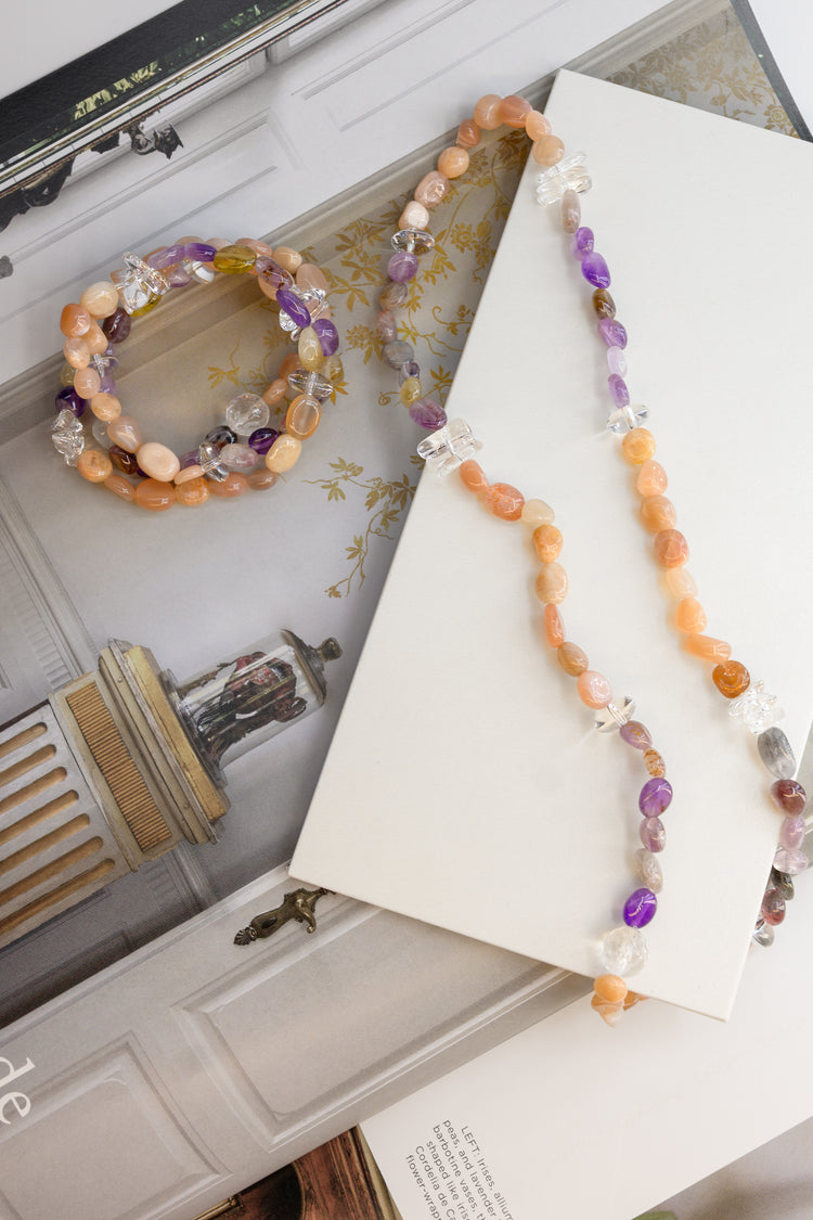 Peachy Pop 2in1 Bracelet/Necklace | Peach Moonstone Purple Phantom Quartz (Auralite-23) Rock Crystal