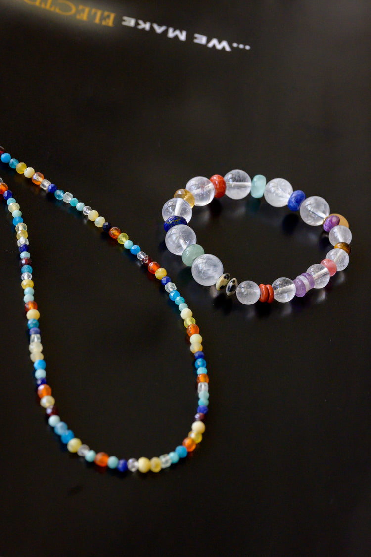 Color Pulse Bracelet | Rock Crystal Quartz Dalmatian Jasper Dogtooth Amethyst Brazilian Violet Muscovite Green Angelite Cherry Quartz Lapis(AA) Carnelian (natural) Red Jasper