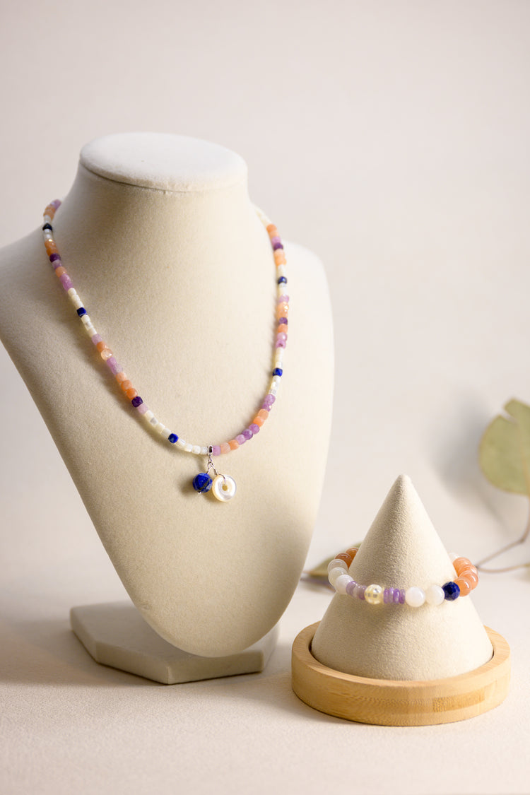 Serenity Balance Bracelet | Peach Moonstone(A) Dogtooth Amethyst Mother of Pearl Mosaic Shell