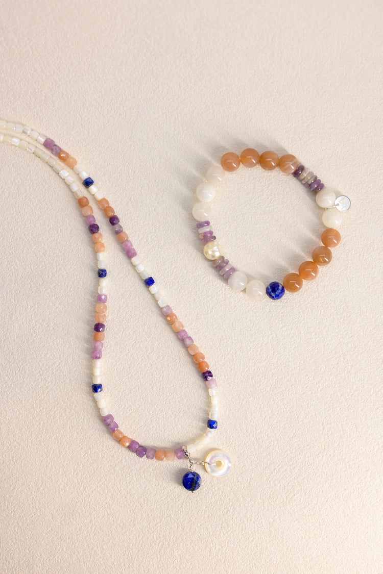 Serenity Balance Bracelet | Peach Moonstone(A) Dogtooth Amethyst Mother of Pearl Mosaic Shell