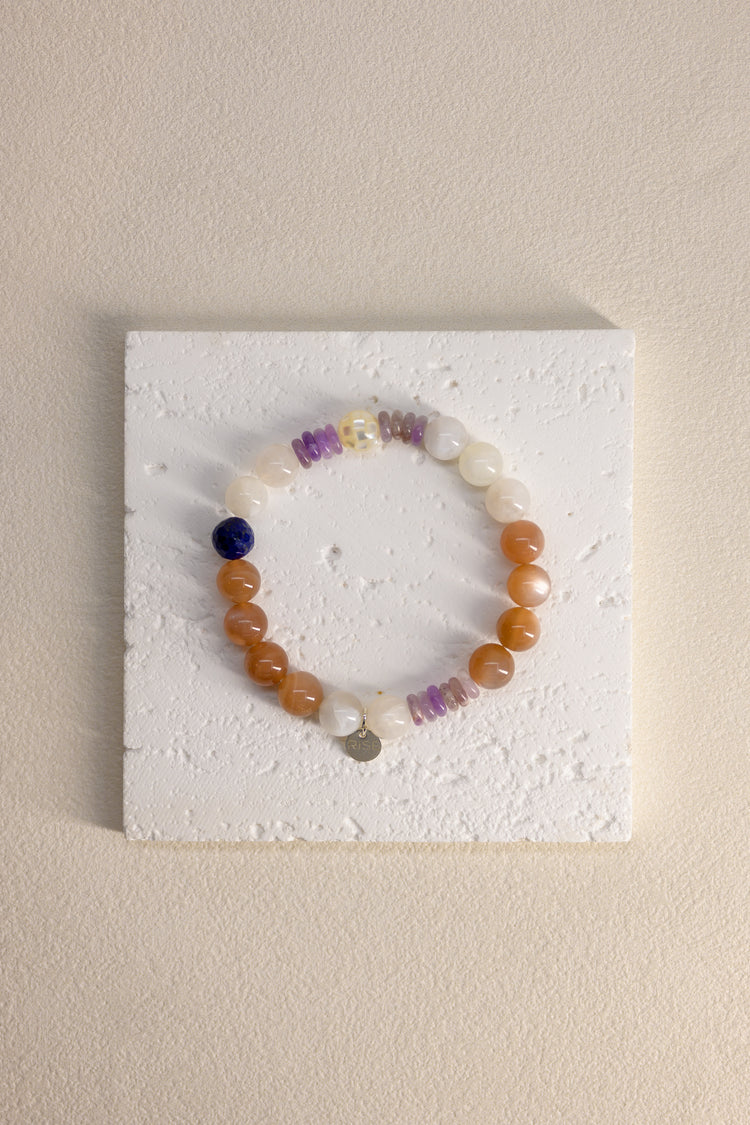 Serenity Balance Bracelet | Peach Moonstone(A) Dogtooth Amethyst Mother of Pearl Mosaic Shell