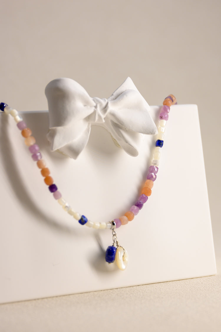 Eclipse of Violet Necklace | Suglite Peach Moonstone(A) Lapis Mother of Pearl