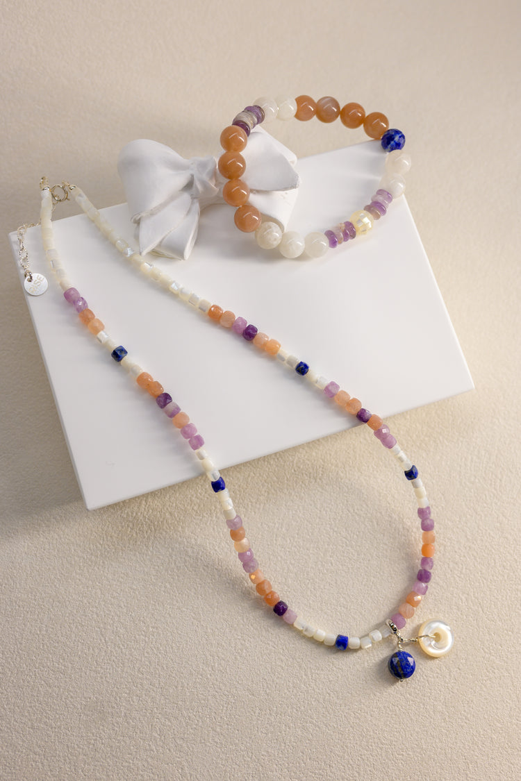 Eclipse of Violet Necklace | Suglite Peach Moonstone(A) Lapis Mother of Pearl