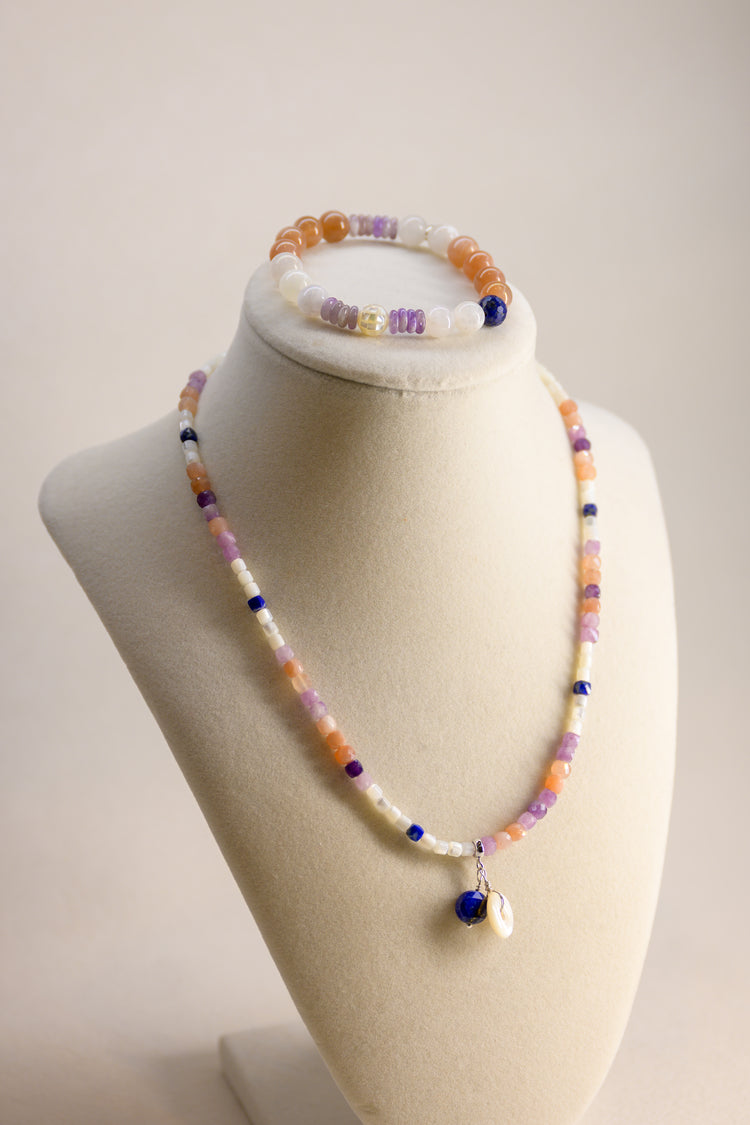 Eclipse of Violet Necklace | Suglite Peach Moonstone(A) Lapis Mother of Pearl