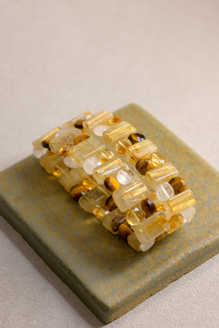 Sunfire Crown Bangle | Golden Rutilated Quartz(AA) Citrine(AA) Tiger's Eyes(A) Rock Crystal Quartz