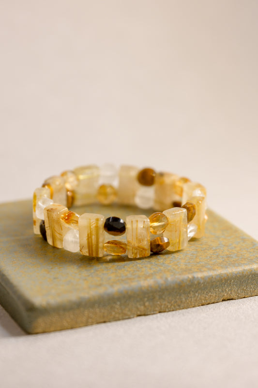 Sunfire Crown Bangle | Golden Rutilated Quartz(AA) Citrine(AA) Tiger's Eyes(A) Rock Crystal Quartz