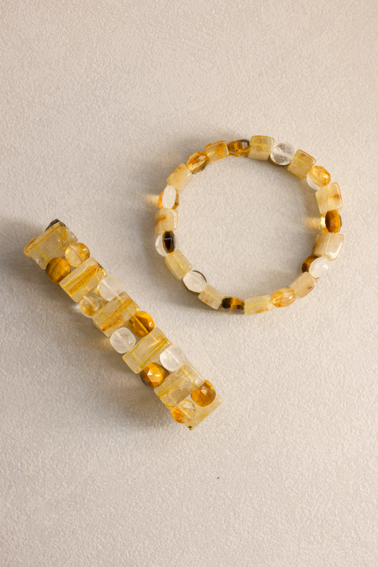 Sunfire Crown Bangle | Golden Rutilated Quartz(AA) Citrine(AA) Tiger's Eyes(A) Rock Crystal Quartz