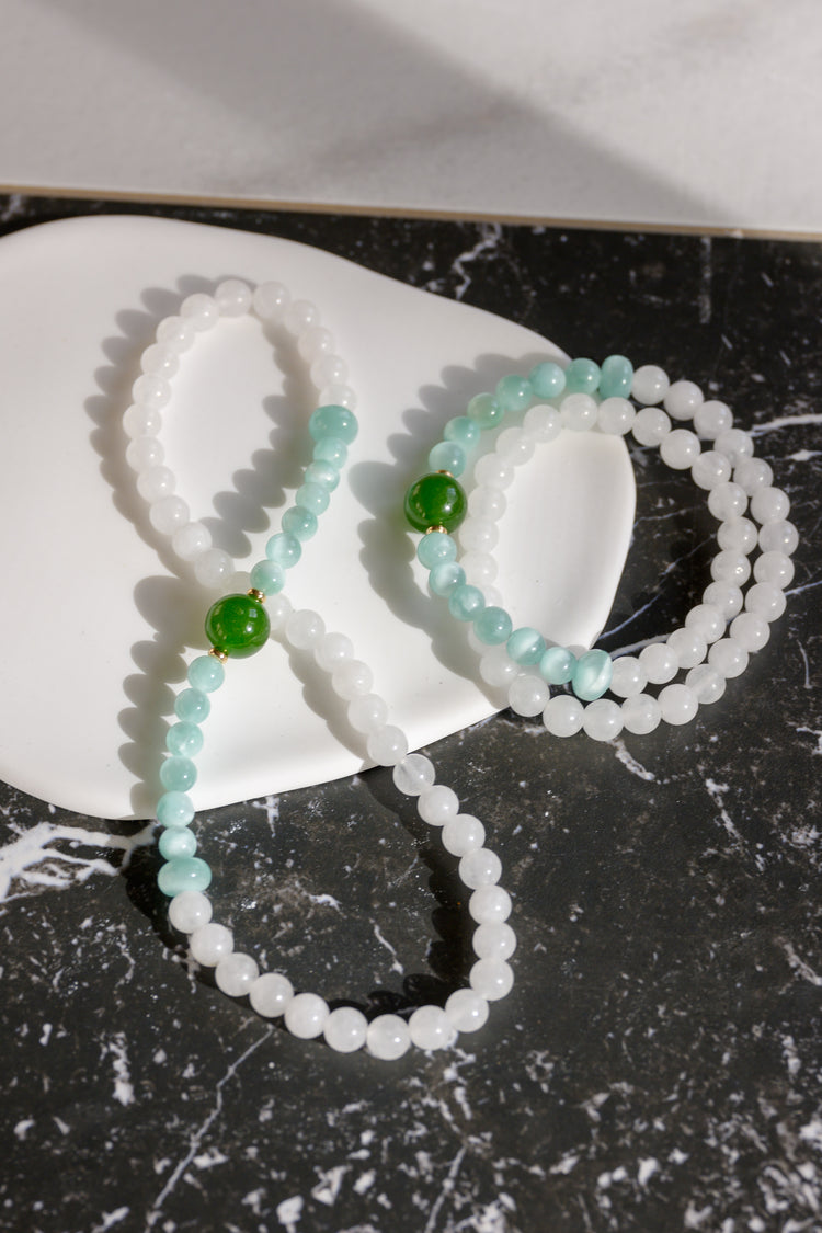 Longevity Charm Double-lined Bracelet | Canada B.C. Jade Russian Angelite White Jade