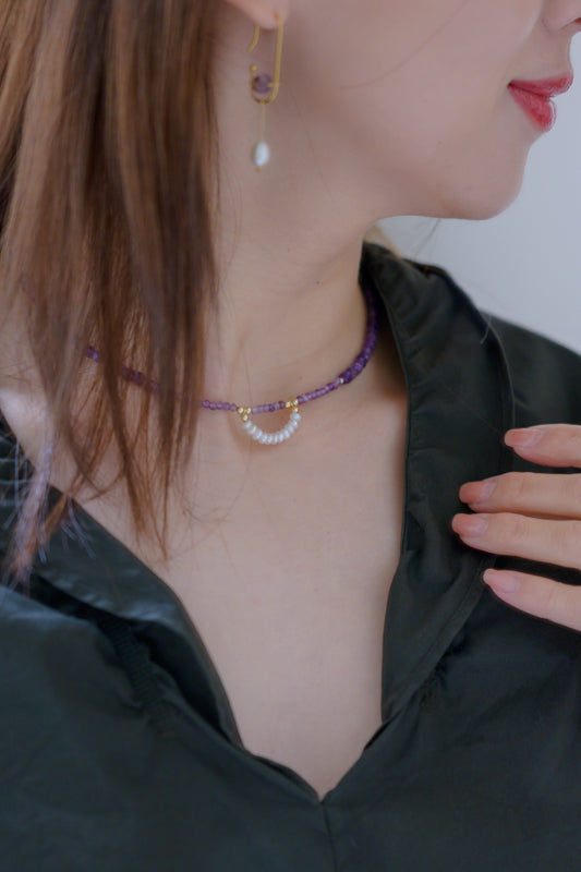 Amethyst Iris Pearl Arc Necklace