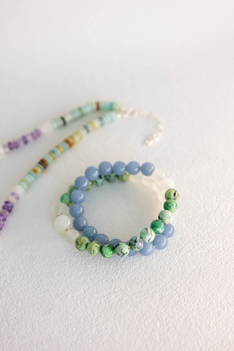 Angelic Verdant Lift Double-lined Bracelet | Green Variscite Blue Angelite (A) New Jade