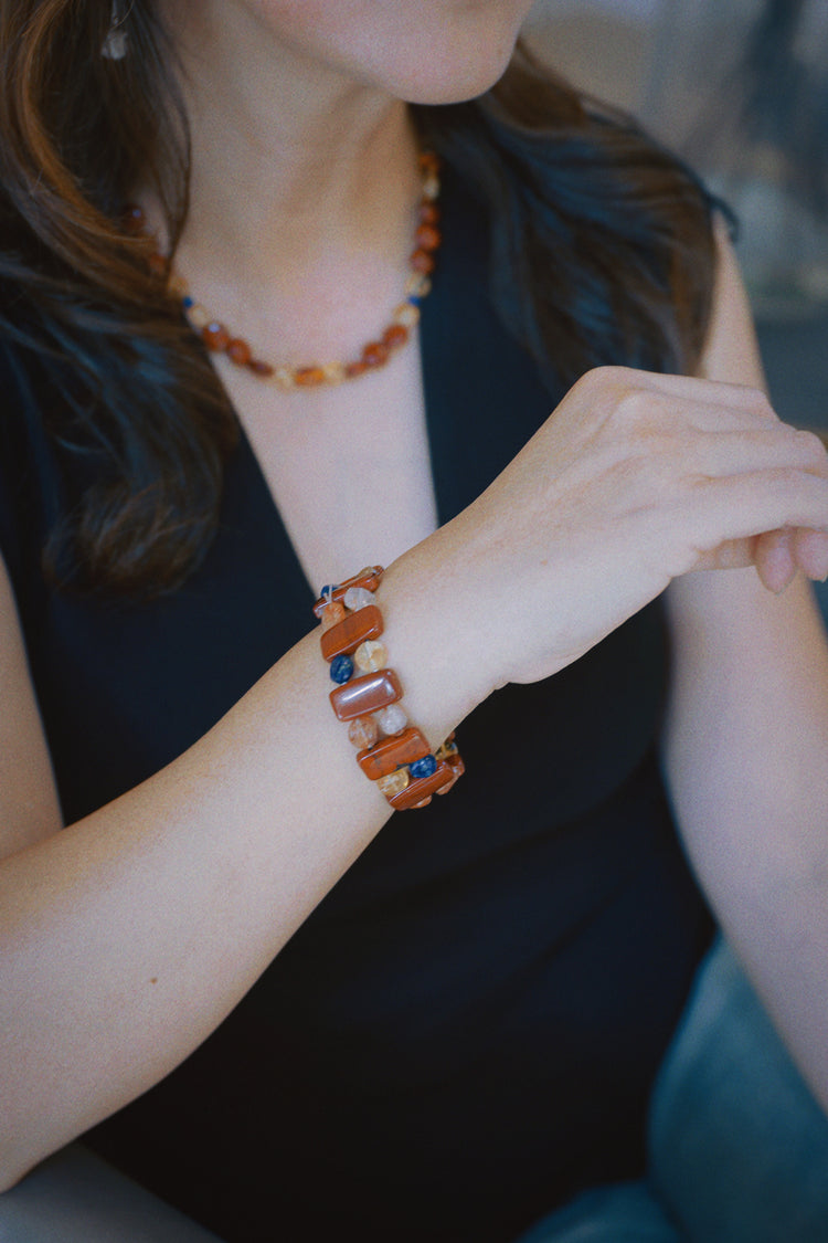Fireside Ember Glow Bangle | Apple Jasper Red Hematold Quartz Citrine(AA) Lapis(A)
