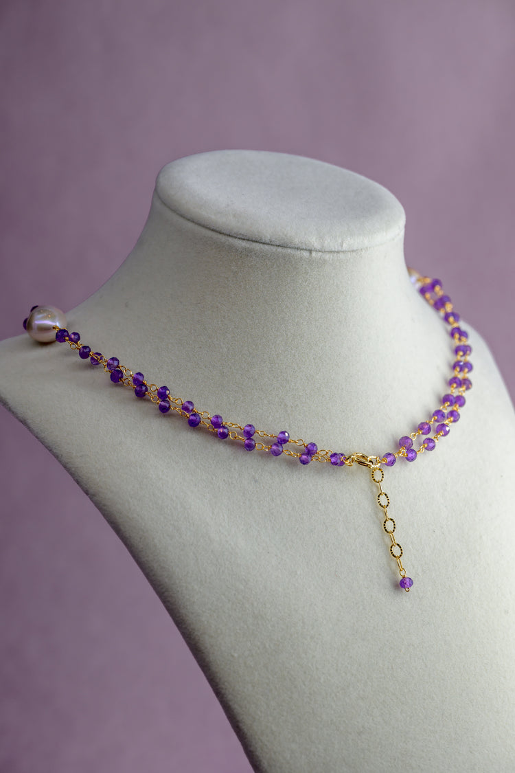 Aster Amethyst Freshwater Peal Double Lines Necklace