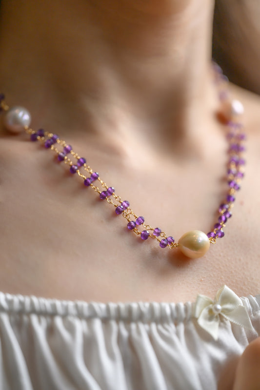 Aster Amethyst Freshwater Peal Double Lines Necklace