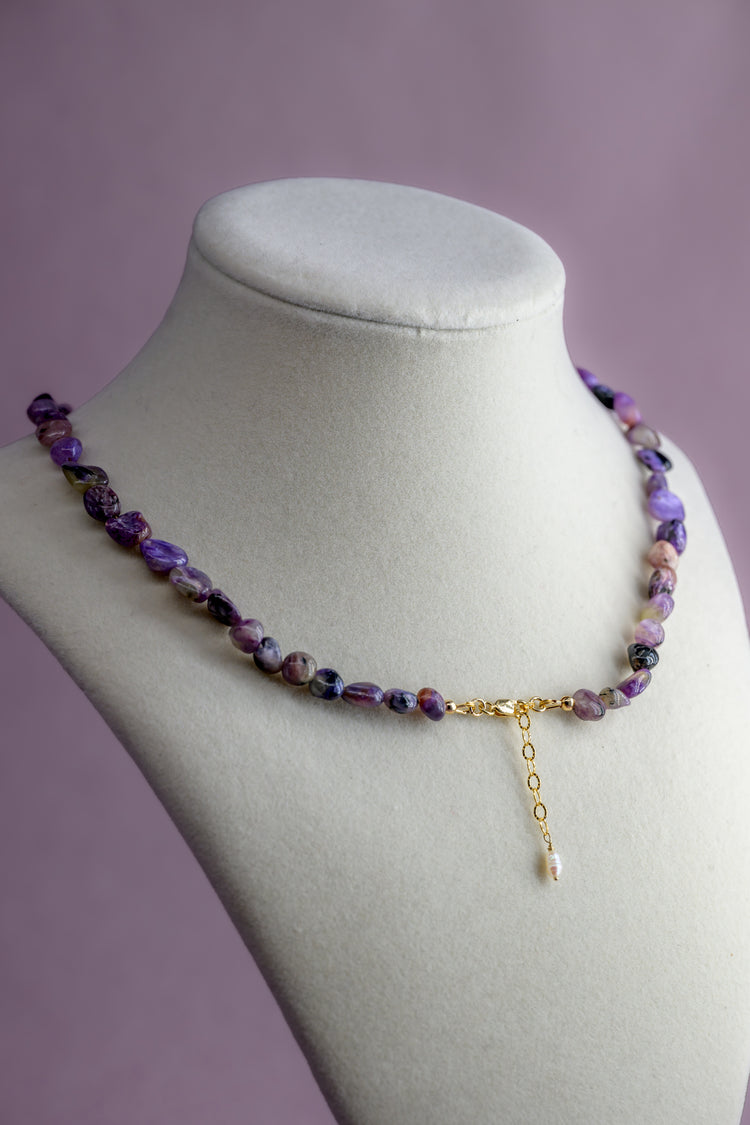 Bellflower Charoite With Baroque Pearl Drop Necklace