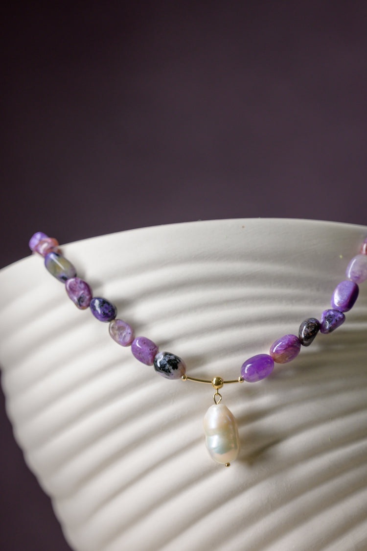 Bellflower Charoite With Baroque Pearl Drop Necklace