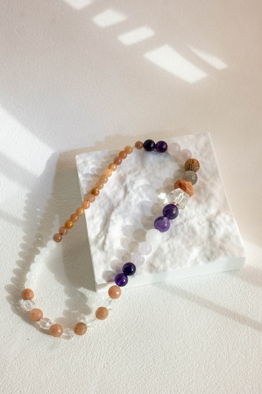 ByeByeWorry Double-lined Bracelet with Organic Essential Oil | Moonstone Amethyst White Jade Clear Quartz