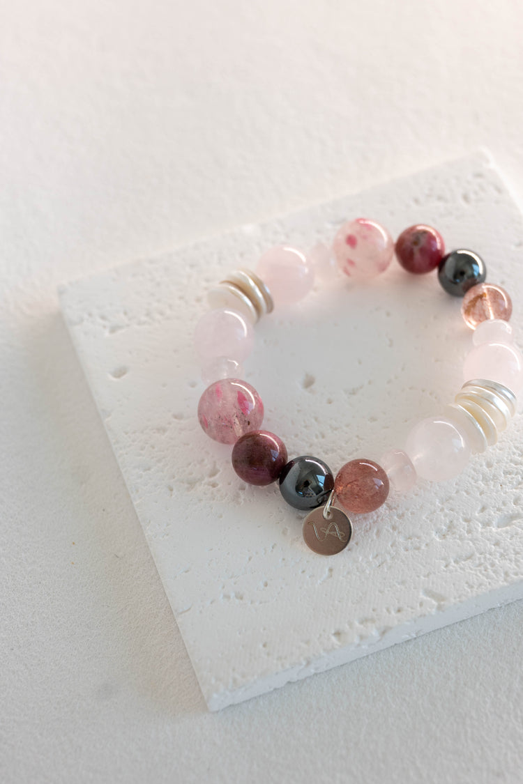 Blissful Berry Bloom Bracelet | Madagascar Rose Quartz Rhodolite (AA) Hematite