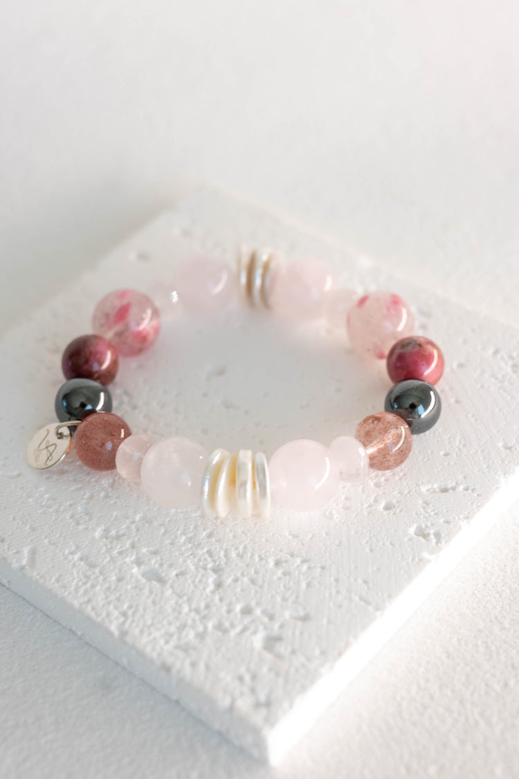 Blissful Berry Bloom Bracelet | Madagascar Rose Quartz Rhodolite (AA) Hematite