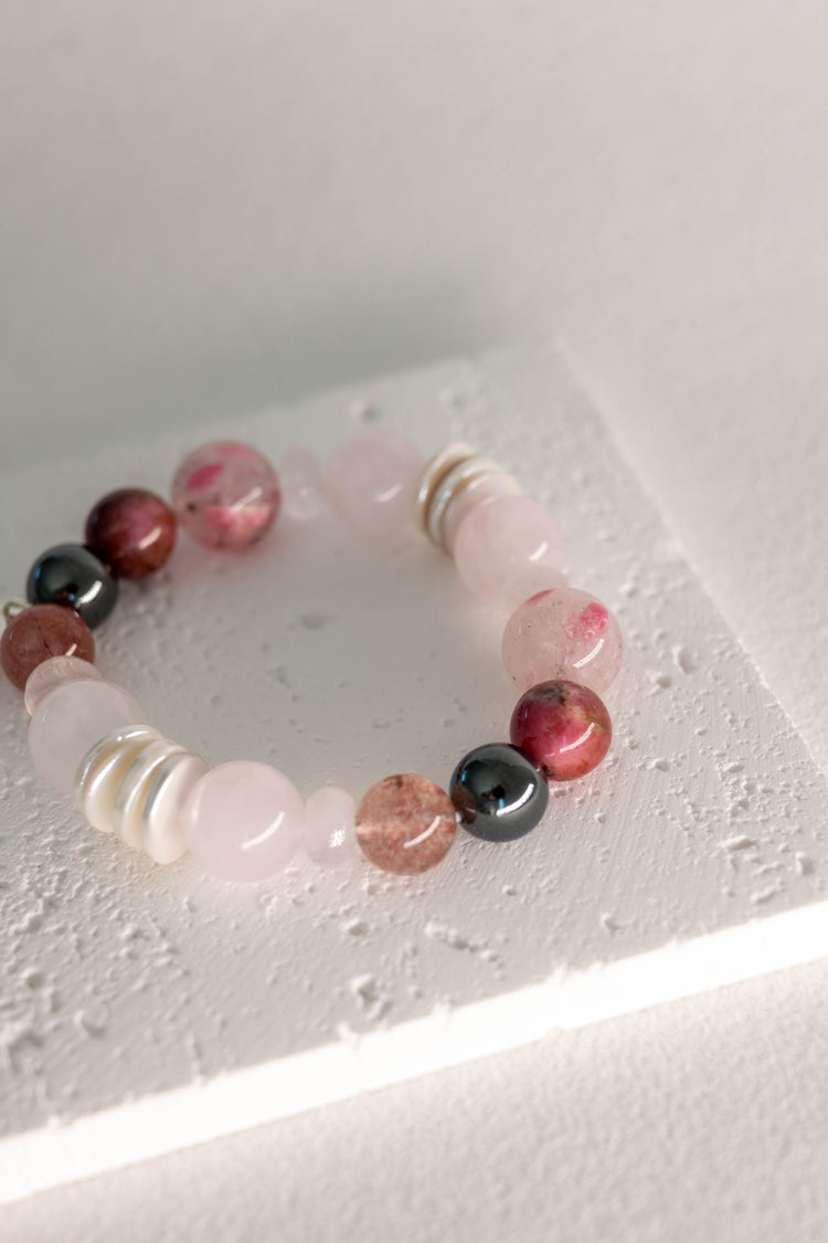 Blissful Berry Bloom Bracelet | Madagascar Rose Quartz Rhodolite (AA) Hematite