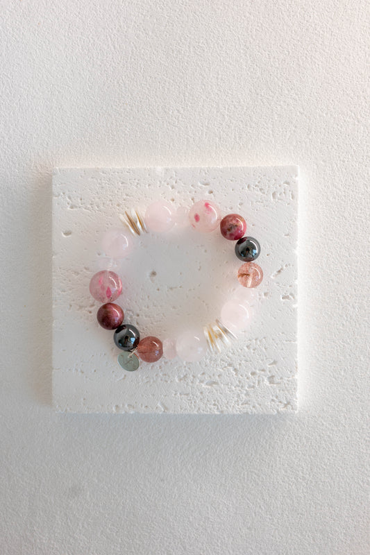 Blissful Berry Bloom Bracelet | Madagascar Rose Quartz Rhodolite (AA) Hematite