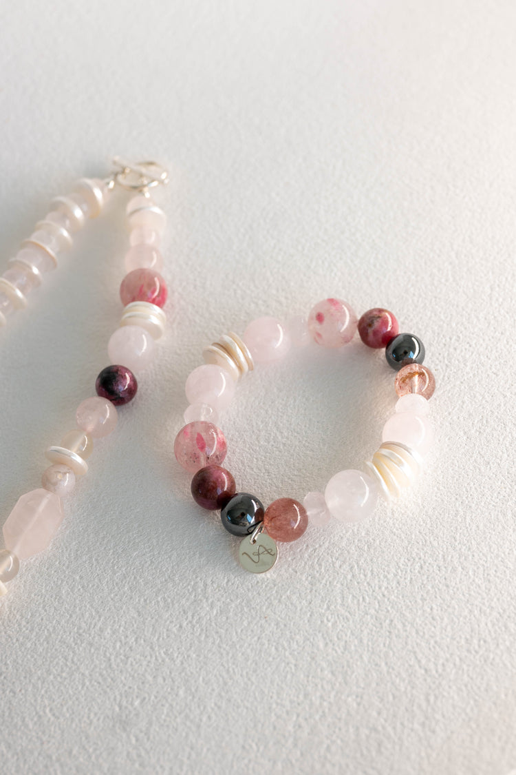 Blissful Berry Bloom Bracelet | Madagascar Rose Quartz Rhodolite (AA) Hematite
