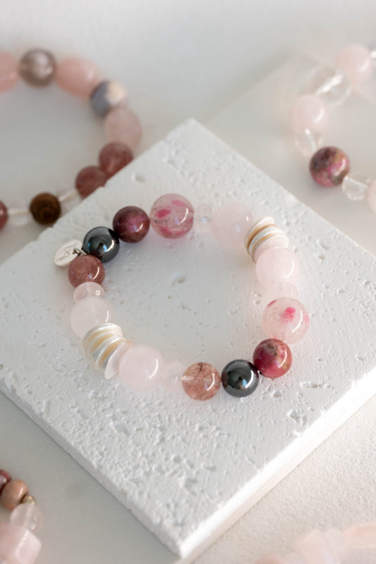 Blissful Berry Bloom Bracelet | Madagascar Rose Quartz Rhodolite (AA) Hematite