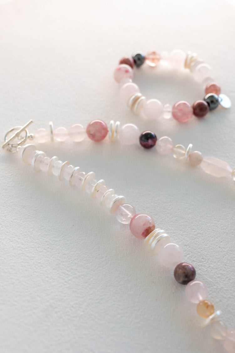 Blissful Berry Bloom Necklace | Madagascar Rose Quartz Rhodolite (AA) Sakura Agate Shell