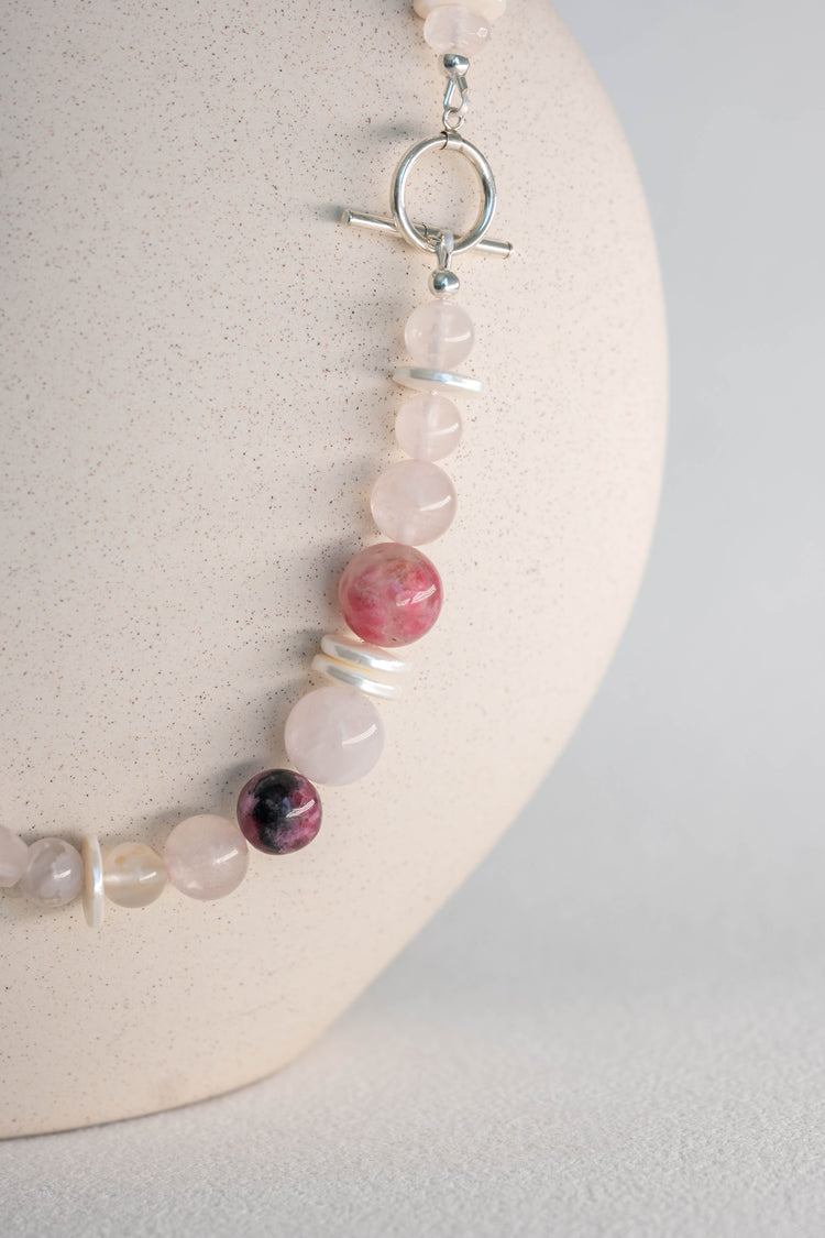 Blissful Berry Bloom Necklace | Madagascar Rose Quartz Rhodolite (AA) Sakura Agate Shell