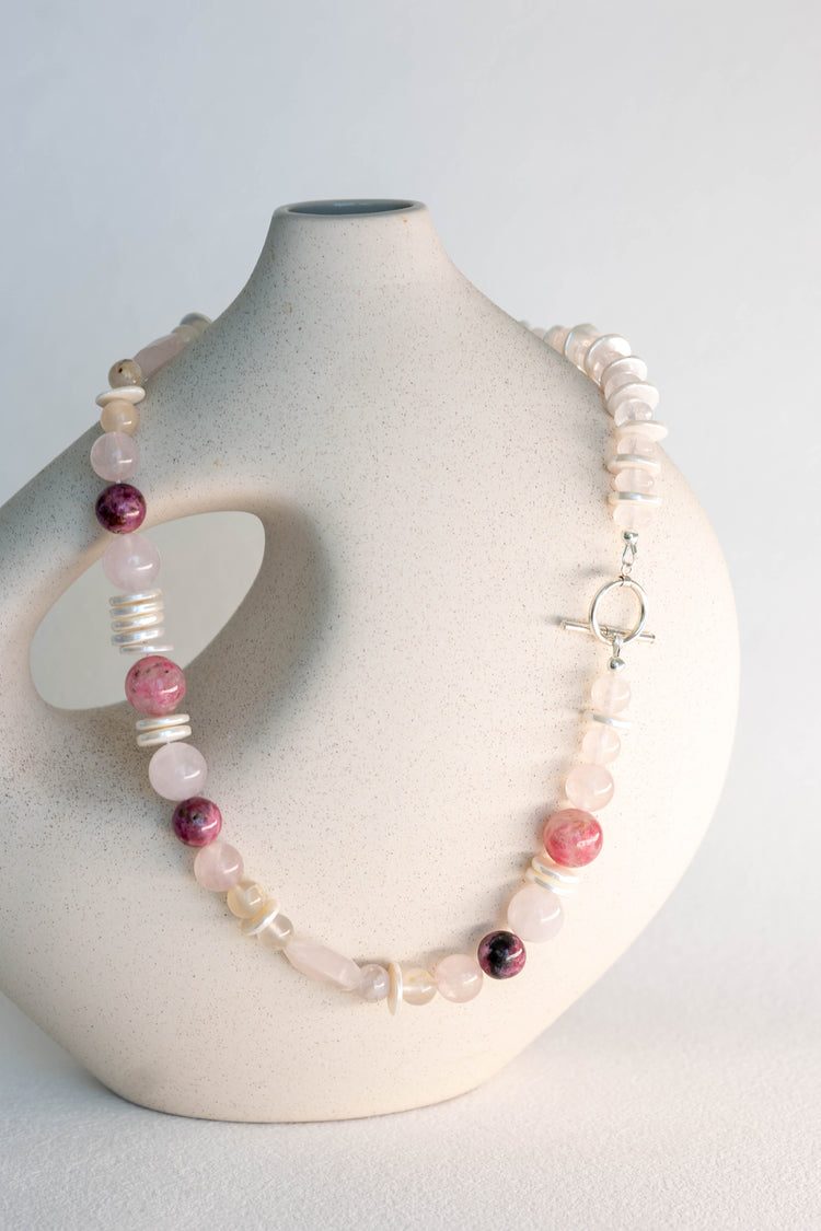 Blissful Berry Bloom Necklace | Madagascar Rose Quartz Rhodolite (AA) Sakura Agate Shell