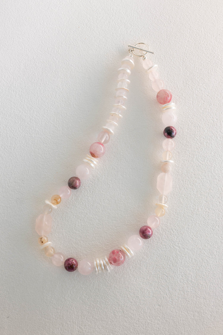 Blissful Berry Bloom Necklace | Madagascar Rose Quartz Rhodolite (AA) Sakura Agate Shell
