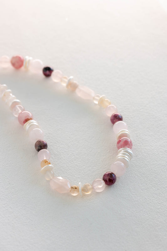 Blissful Berry Bloom Necklace | Madagascar Rose Quartz Rhodolite (AA) Sakura Agate Shell
