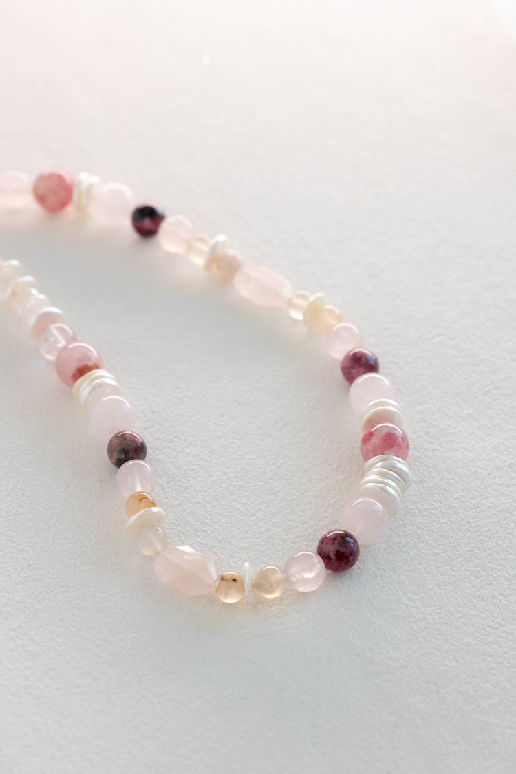 Blissful Berry Bloom Necklace | Madagascar Rose Quartz Rhodolite (AA) Sakura Agate Shell