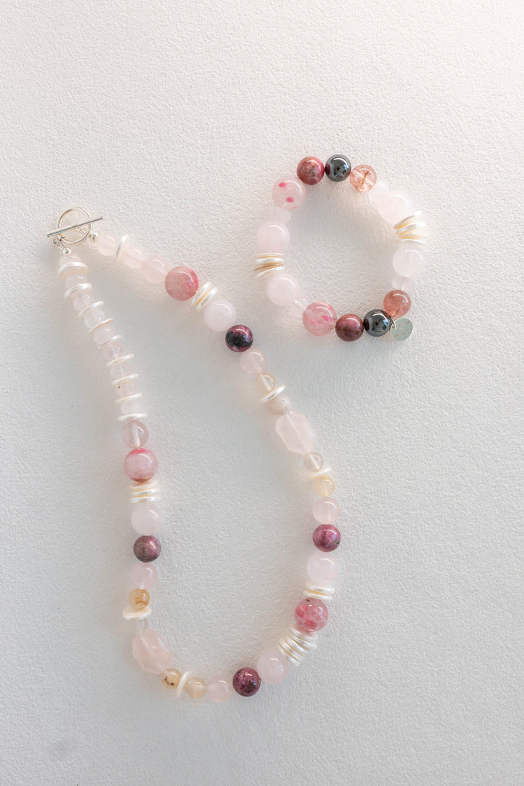 Blissful Berry Bloom Necklace | Madagascar Rose Quartz Rhodolite (AA) Sakura Agate Shell